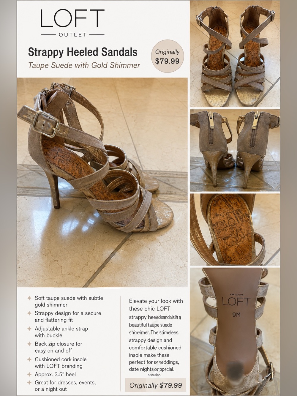 LOFT Strappy Heeled Sandals 9M Taupe Suede Gold Shimmer Back Zip